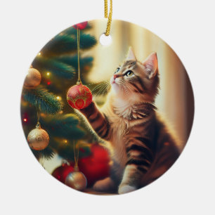 Cute Little Kitten Playing With Christmas Bulb Ceramic Ornament