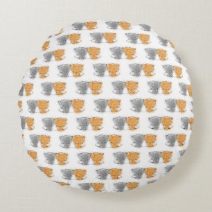 Cute Little Kittens Illustration Orange and Grey Round Pillow