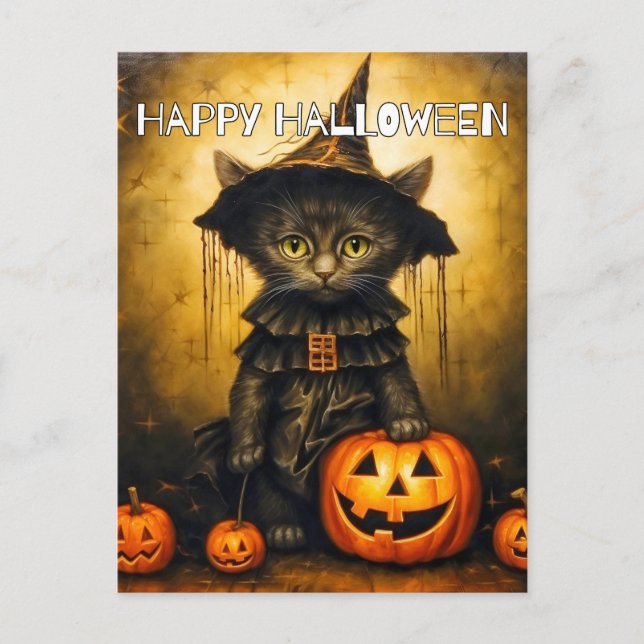 Cute Little Kitty Cat Witch | Happy Halloween Postcard (Front)