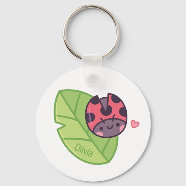 Cute Little Ladybug Beetle on Leaf Personalized Keychain (Front)