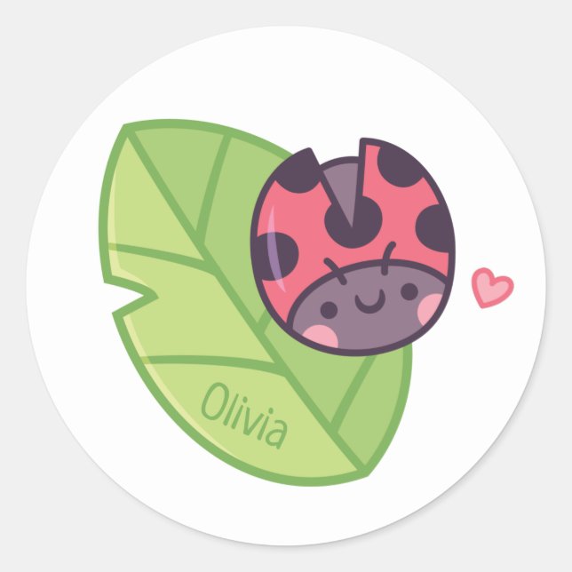 Cute Little Ladybug On Leaf Kids Personalized Classic Round Sticker (Front)