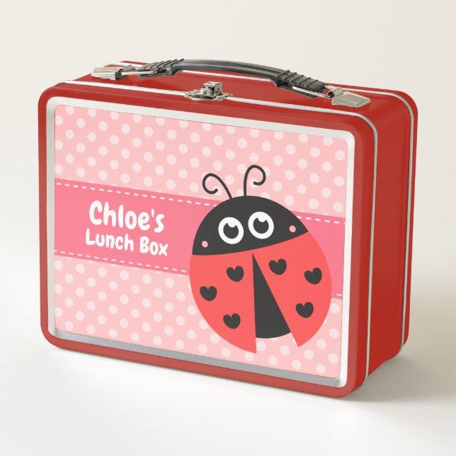 Cute Little Ladybug Polka Dots Girls Personalized Metal Lunch Box (Front)