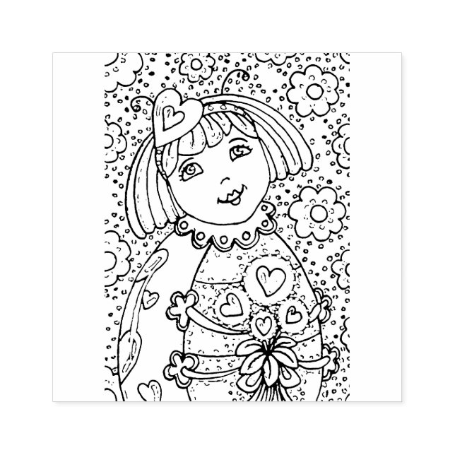 CUTE LITTLE LADYBUG WITH HEART BOUQUET, WHIMSICAL RUBBER STAMP (Imprint)