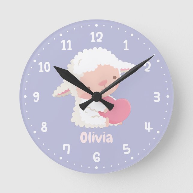 Cute Little Lamb Hugging Heart Kids Room Decor Round Clock (Front)