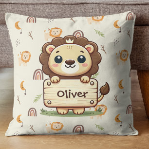 Cute Little Lion with a Name Sign Throw Pillow