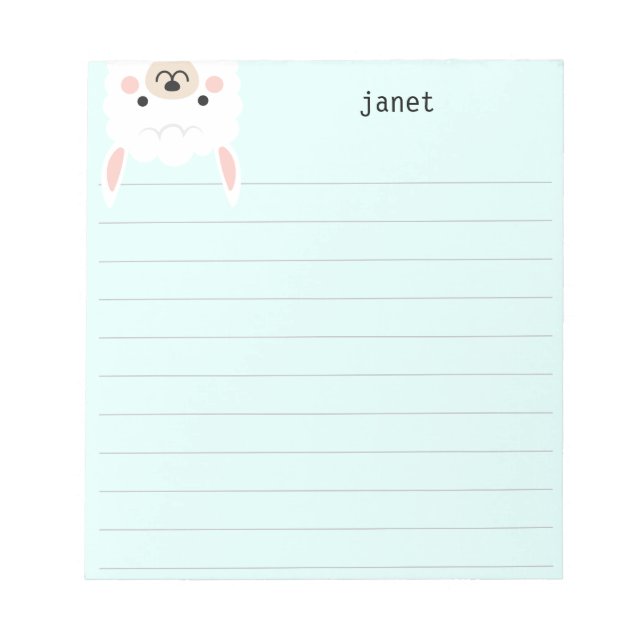 Cute Little Llama Mint Green Personalized Lined Notepad (Front)