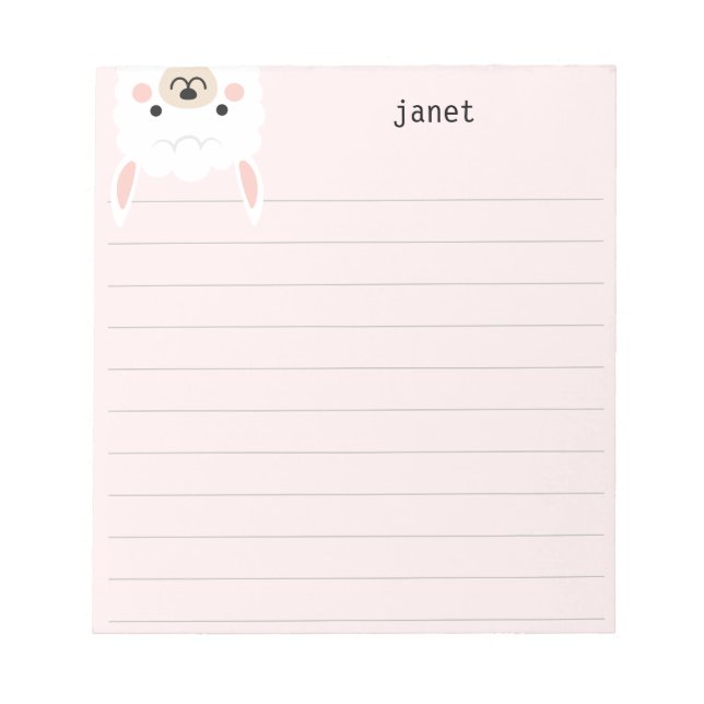 Cute Little Llama, Pink Personalized Lined Notepad (Front)