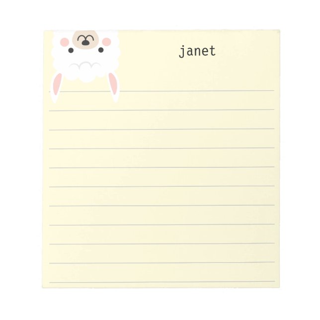 Cute Little Llama, Yellow Personalized Lined Notepad (Front)