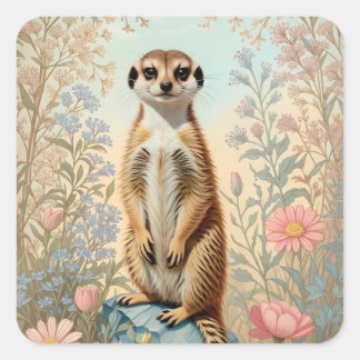 Cute Little Meerkat Pastel Floral Square Sticker