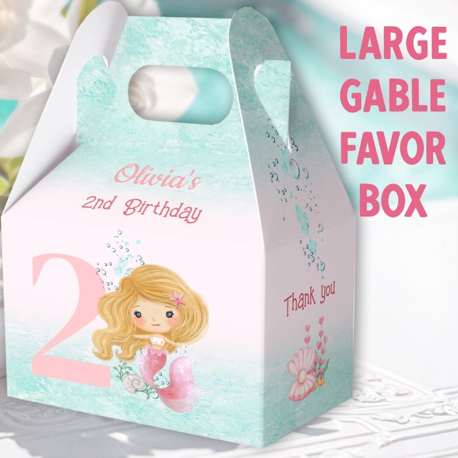 Cute Little Mermaid Blonde Hair Pink Large Gable Favor Box (Blonde Mermaid Large Gable Favor Boxes - You can choose from 3 sizes of these gable favor boxes)