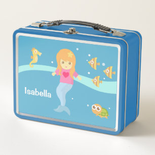 Cute Little Mermaid Girl And Sea Creatures Metal Lunch Box