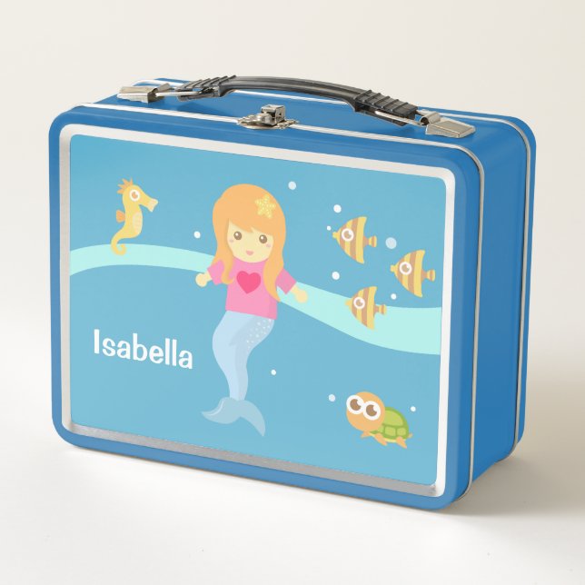 Cute Little Mermaid Girl And Sea Creatures Metal Lunch Box (Front)