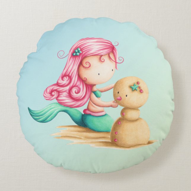 Cute little mermaid playing with sand round pillow (Front)