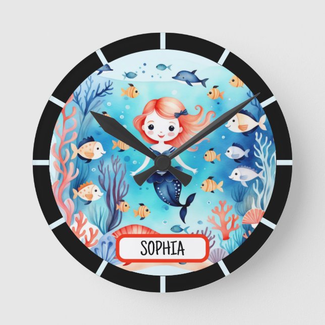 Cute Little Mermaid Under The Sea Personalized  Round Clock (Front)