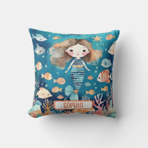 Cute Little Mermaid Under The Sea with Coral Fish Throw Pillow