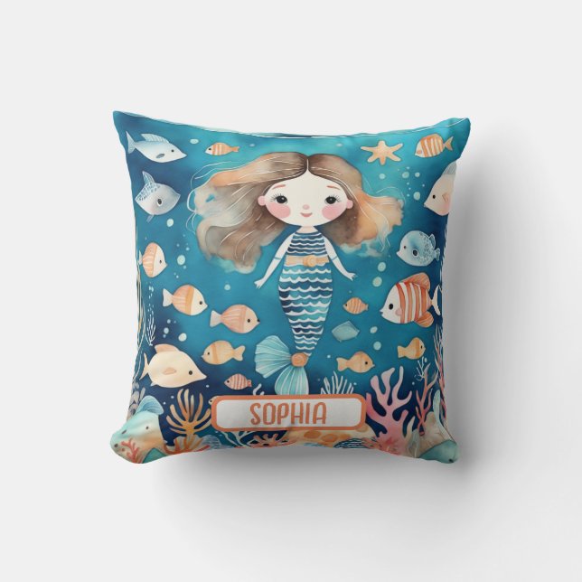 Cute Little Mermaid Under The Sea with Coral Fish Throw Pillow (Front)