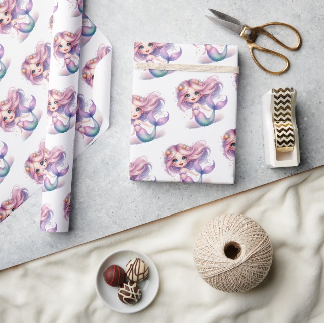Cute little mermaid watercolor purple turquoise wrapping paper (Crafts)