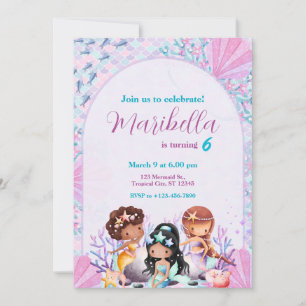 Cute Little Mermaids Under The Sea Birthday Party Invitation