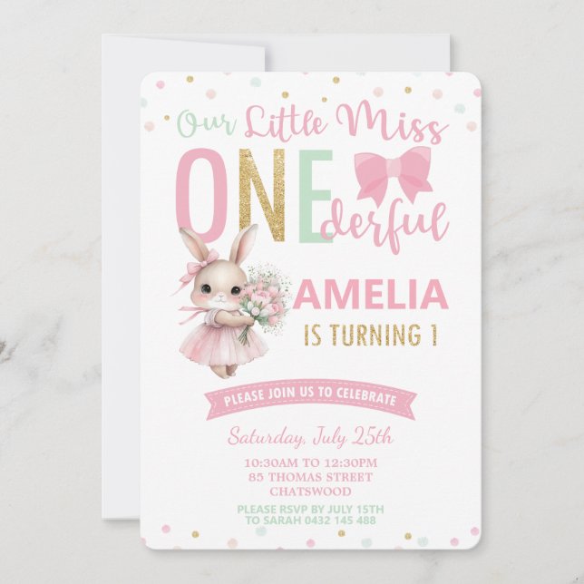 Cute Little Miss ONEderful 1st Birthday Bunny Invitation (Front)