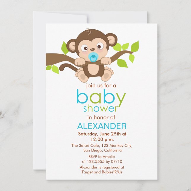 Cute Little Monkey Boy Invitation Baby shower (Devant)