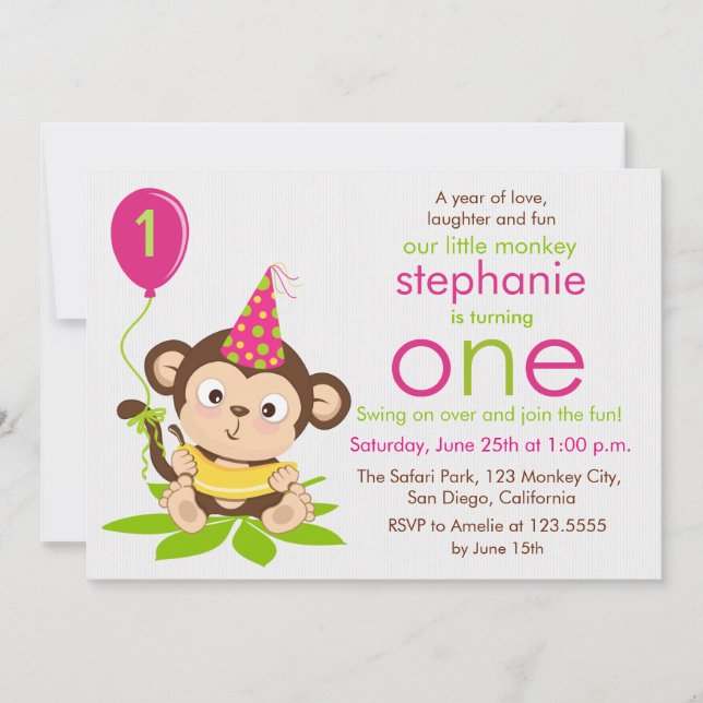 Cute Little Monkey First Birthday Invitation (Front)