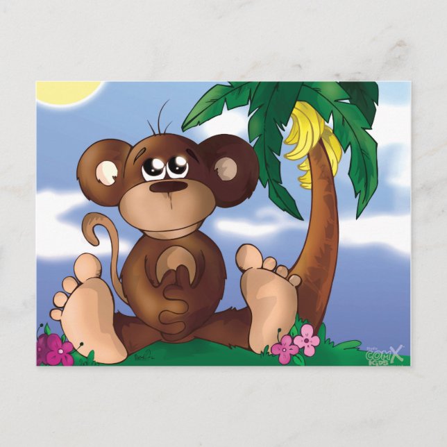 Cute Little Monkey Sitting Next to Banana Tree Postcard (Front)