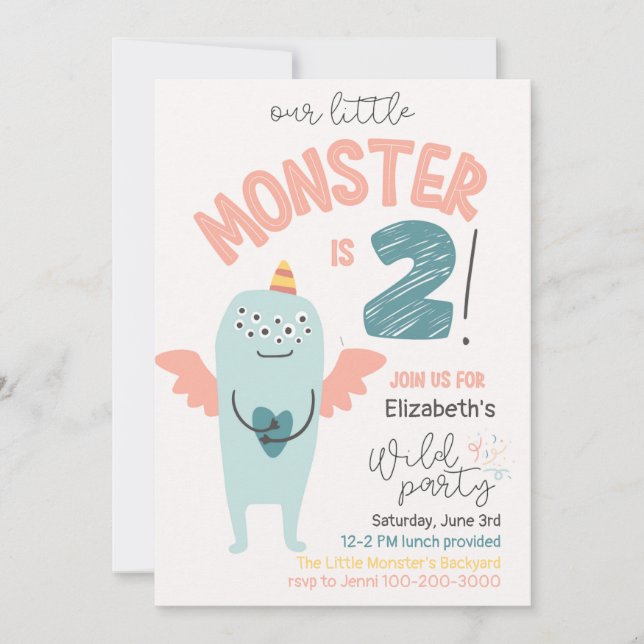 Cute Little Monster 2nd Birthday Invitation (Front)