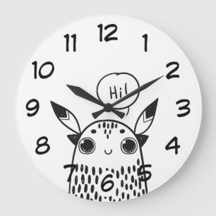 Cute Little Monster Black and White Illustrated Large Clock