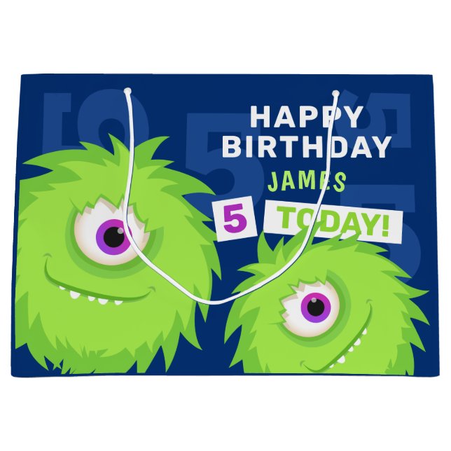 Cute Little Monster Blue and Green Large Gift Bag (Front)