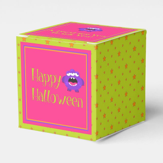 Cute Little Monster Green Pink Kids Halloween Favor Box (Front Side)