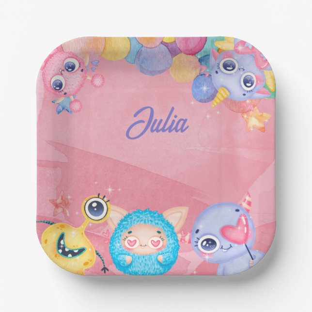 Cute Little Monster kids Birthday Paper Plate (Front)