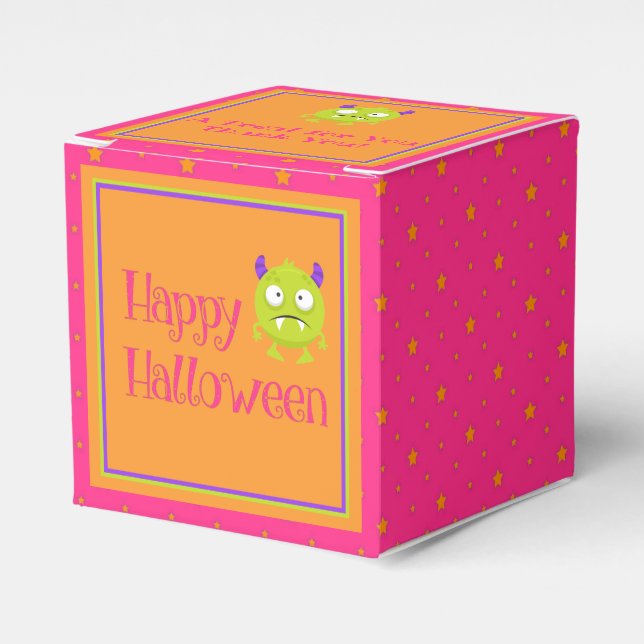 Cute Little Monster Orange Pink Kids Halloween Favor Box (Front Side)