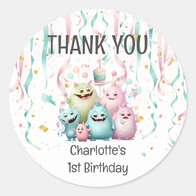 Cute Little Monsters 1st Birthday. Thank You Classic Round Sticker (Front)