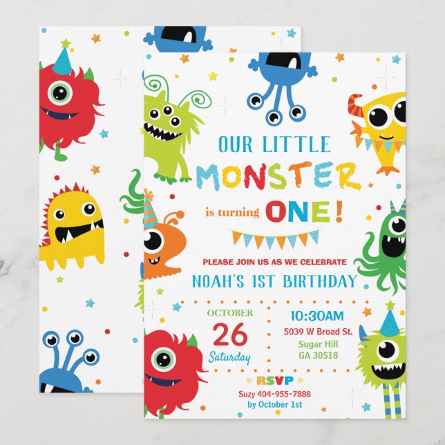 Cute Little Monsters Boy 1st Birthday Colourful Invitation (Front/Back)