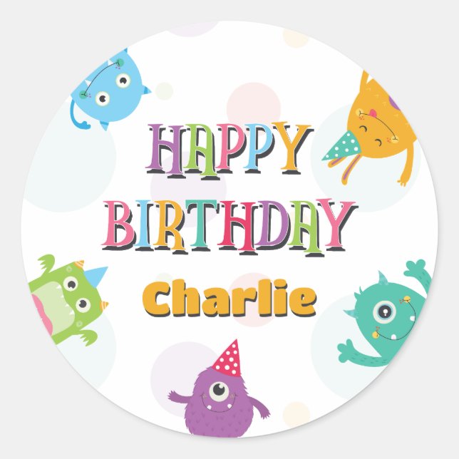 Cute Little Monsters Happy Birthday Party, Any Age Classic Round Sticker (Front)
