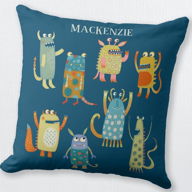 Cute Little Monsters Personalized Throw Pillow (Fun personalized custom name monster throw pillow)