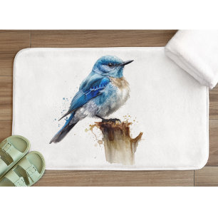 cute little mountain bluebird in watercolor bath mat
