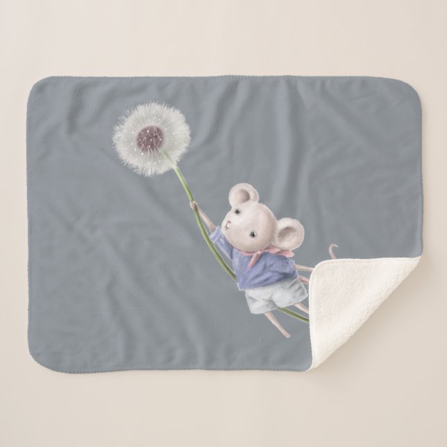 Cute Little Mouse Floating Dandelion Fluff Sherpa Blanket (Front (Horizontal))