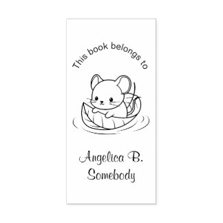 Cute Little Mouse Floating on a Leaf Bookplate Rubber Stamp