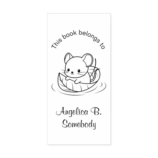 Cute Little Mouse Floating on a Leaf Bookplate Rubber Stamp (Imprint)
