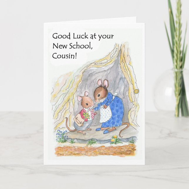 Cute Little Mouse Good Luck New School Cousin Card (Front)