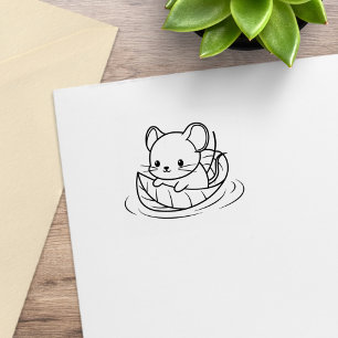 Cute Little Mouse Leaf Boat 1x1 Rubber Stamp