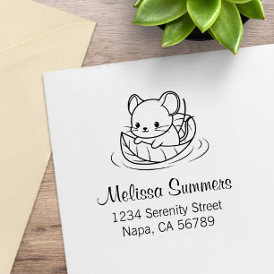 Cute Little Mouse Leaf Boat Address Rubber Stamp