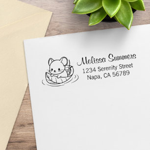 Cute Little Mouse Leaf Boat Return Address Rubber Stamp