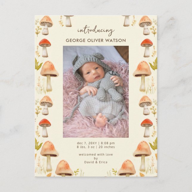 Cute Little Mushrooms Photo Birth Announcement (Front)