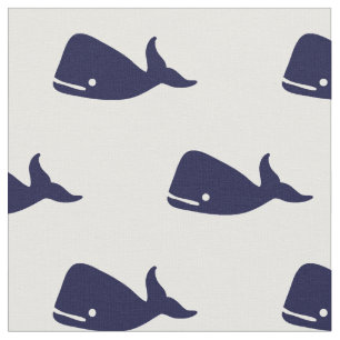 Cute Little Navy Blue Whale Pattern on White Fabric