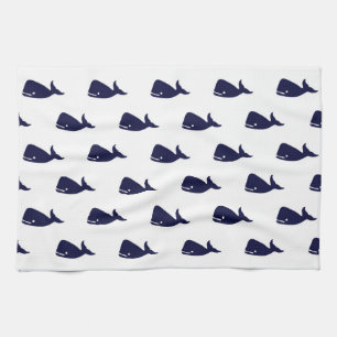 Cute Little Navy Blue Whale Pattern on White Kitchen Towel