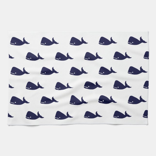Cute Little Navy Blue Whale Pattern on White Kitchen Towel (Horizontal)