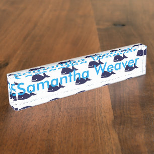 Cute Little Navy Blue Whale Pattern on White Nameplate