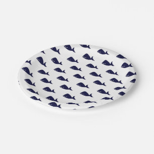 Cute Little Navy Blue Whale Pattern on White Paper Plate